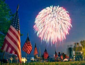 American flags line a picnic area at Wendy Park on Whiskey Island during this years Cleveland fireworks show, July 4, 2009
