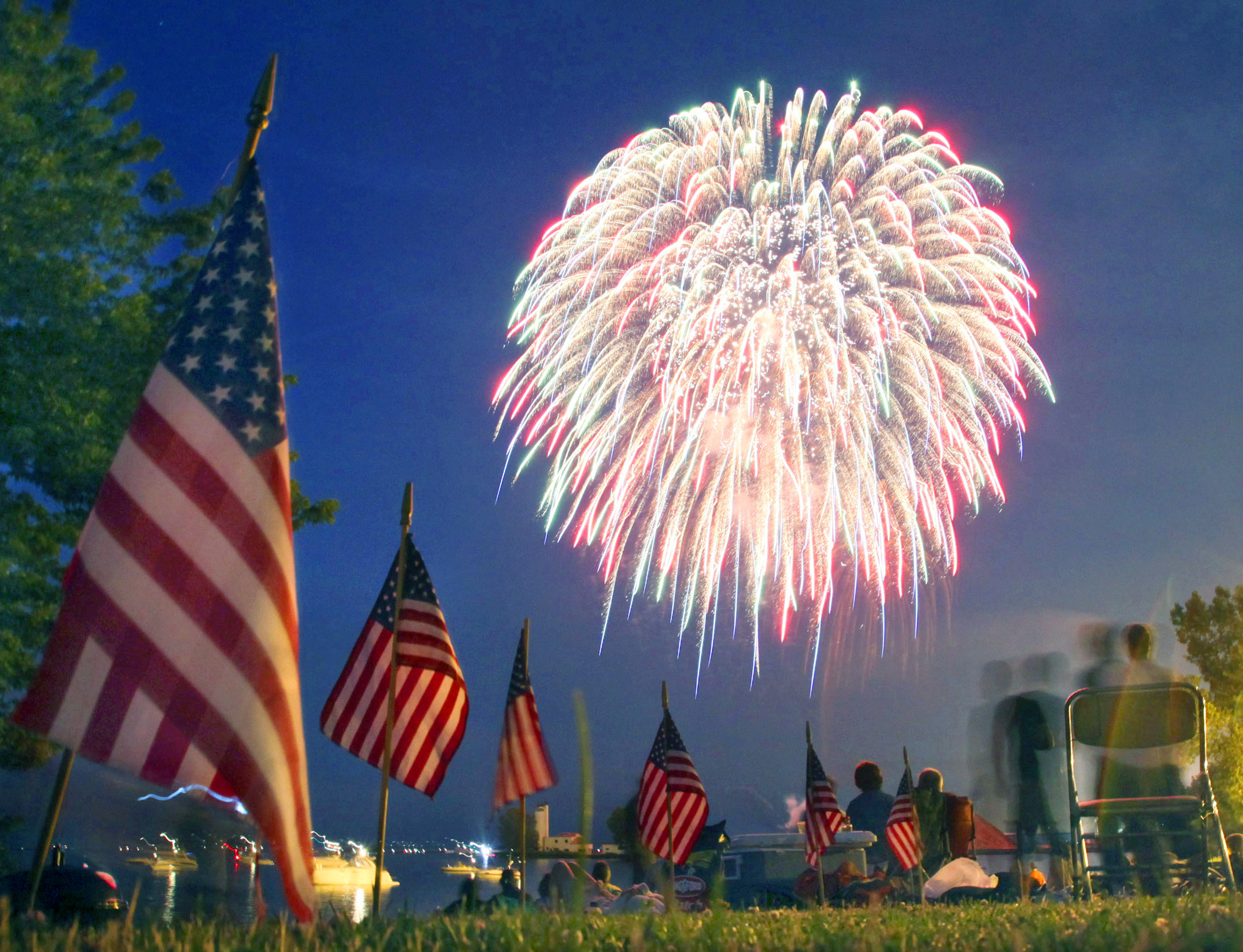 American flags line a picnic area at Wendy Park on Whiskey Island during this years Cleveland fireworks show, July 4, 2009