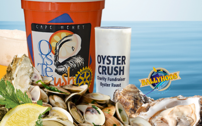 Cape Henry Oyster Crush advertisement - an orange bucket with an Oyster Crush logo sits next to a white cup that says Oyster Crush in front of the ocean with oysters laying in front